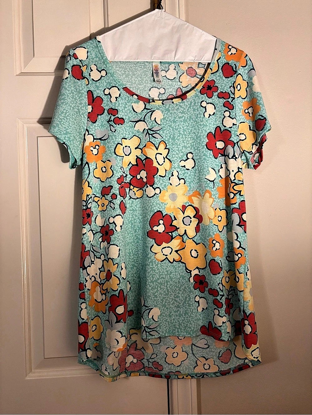 Lula Roe Floral Hidden Mickey Tunic Shirt in Blue & Red Size Medium Like New
